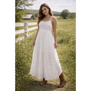 Crochet Lace Tiered Cottage Smocked Maxi Dress 3X White Fairy Boho Whimsical